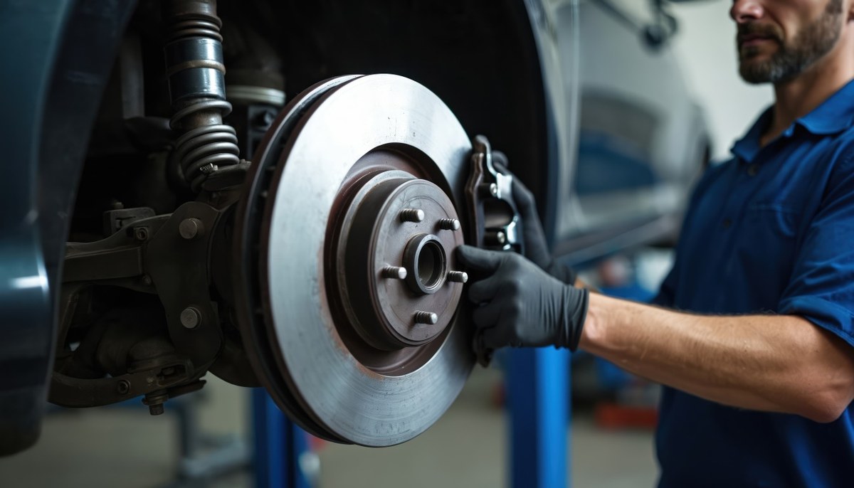 Technician inspecting a brake rotor and caliper on a vehicle raised on a lift.