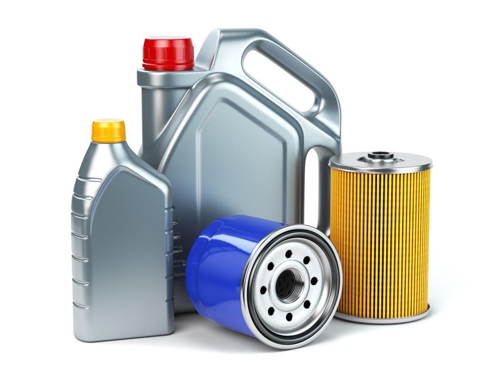 Motor oil containers and an oil filter representing conventional and synthetic options