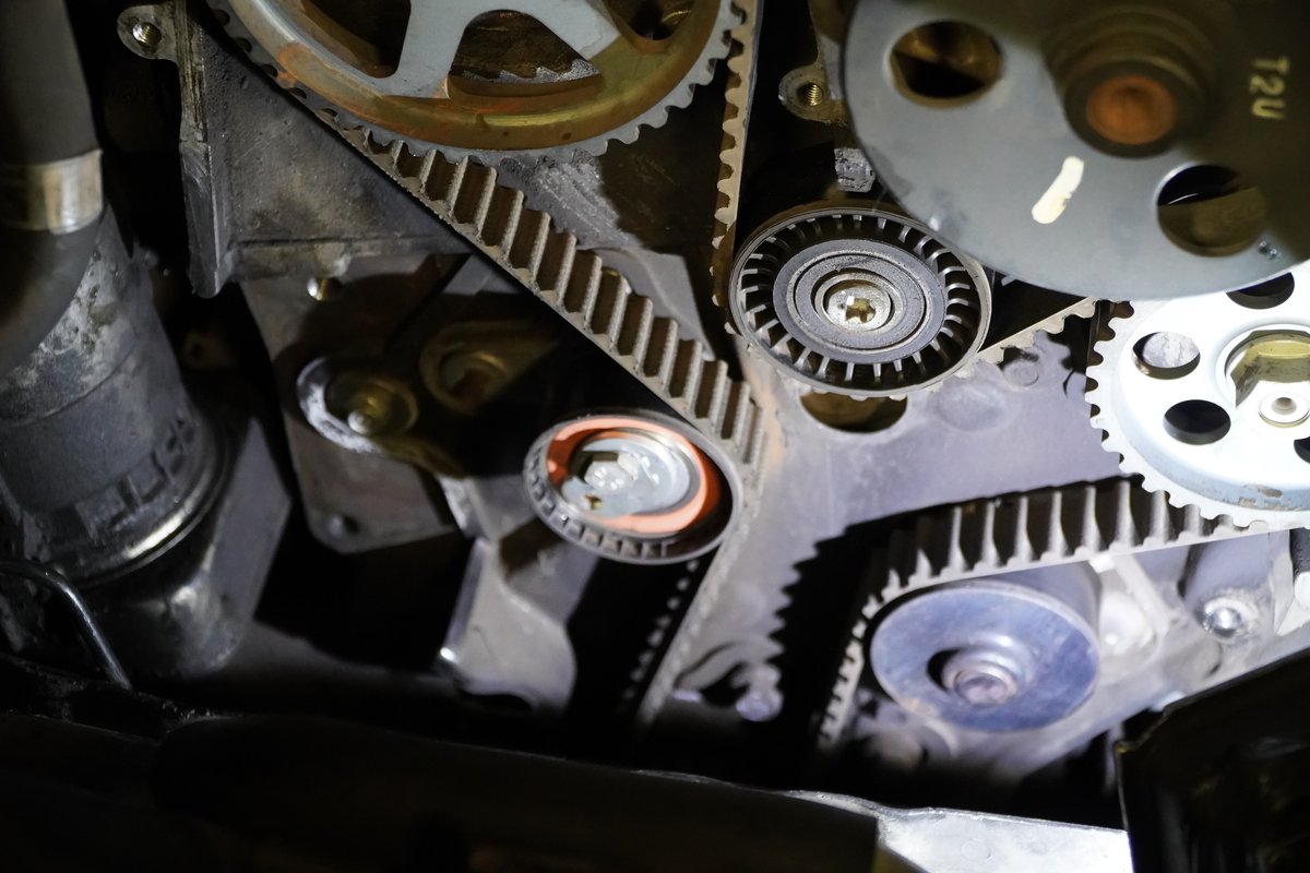 Toothed timing belt routed around engine pulleys with the timing cover removed